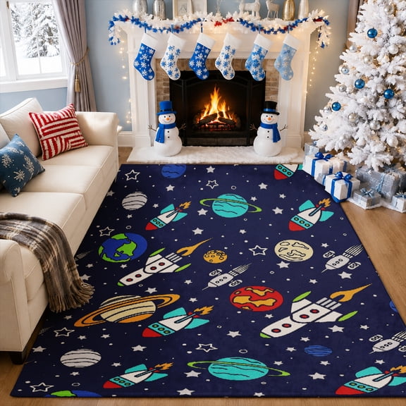 Gelasgo Space Rocket Velvet Area Rug, Outer Space Planet Decorative Carpet, Colorful Soft Indoor Floor Mat for Kids Room Bedroom Nursery Playroom Home Decor
