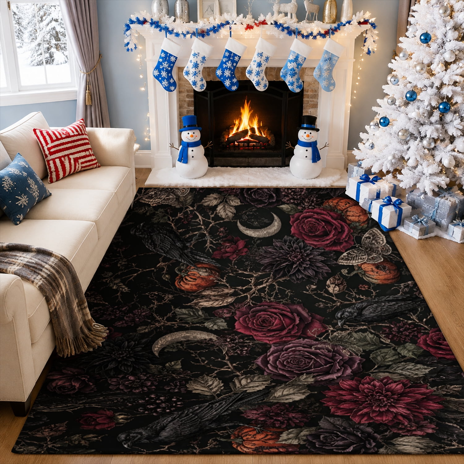 Moon Patterned Rugs Gelasgo Velvet Area Rug, Black Rose Crescent Moon and Gothic Botanical ...