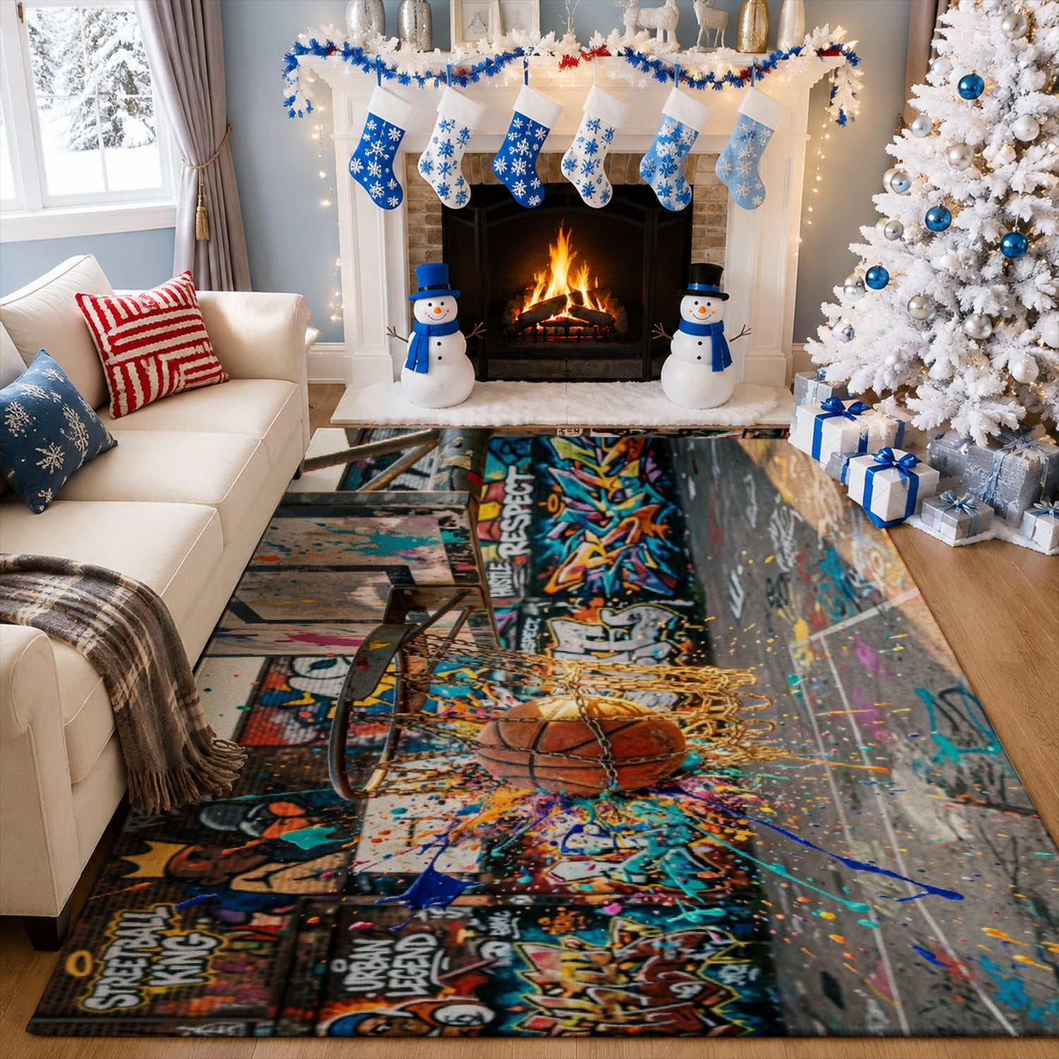 Gelasgo Velvet Area Rug, Colorful Basketball Graffiti Street Art Sports ...