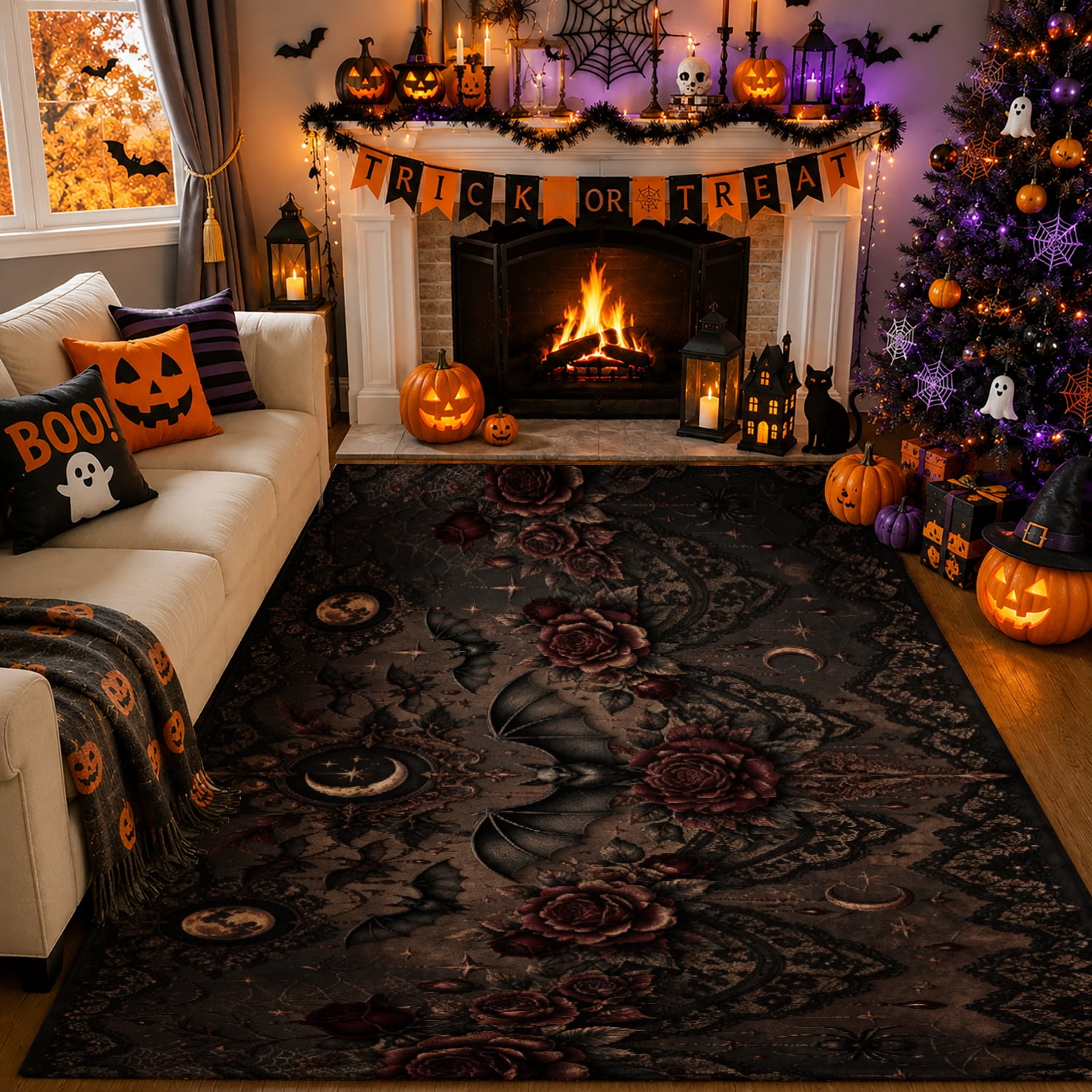 Moon Patterned Rugs Gelasgo Velvet Area Rug, Gothic Black Rose Bat and Moon Pattern ...