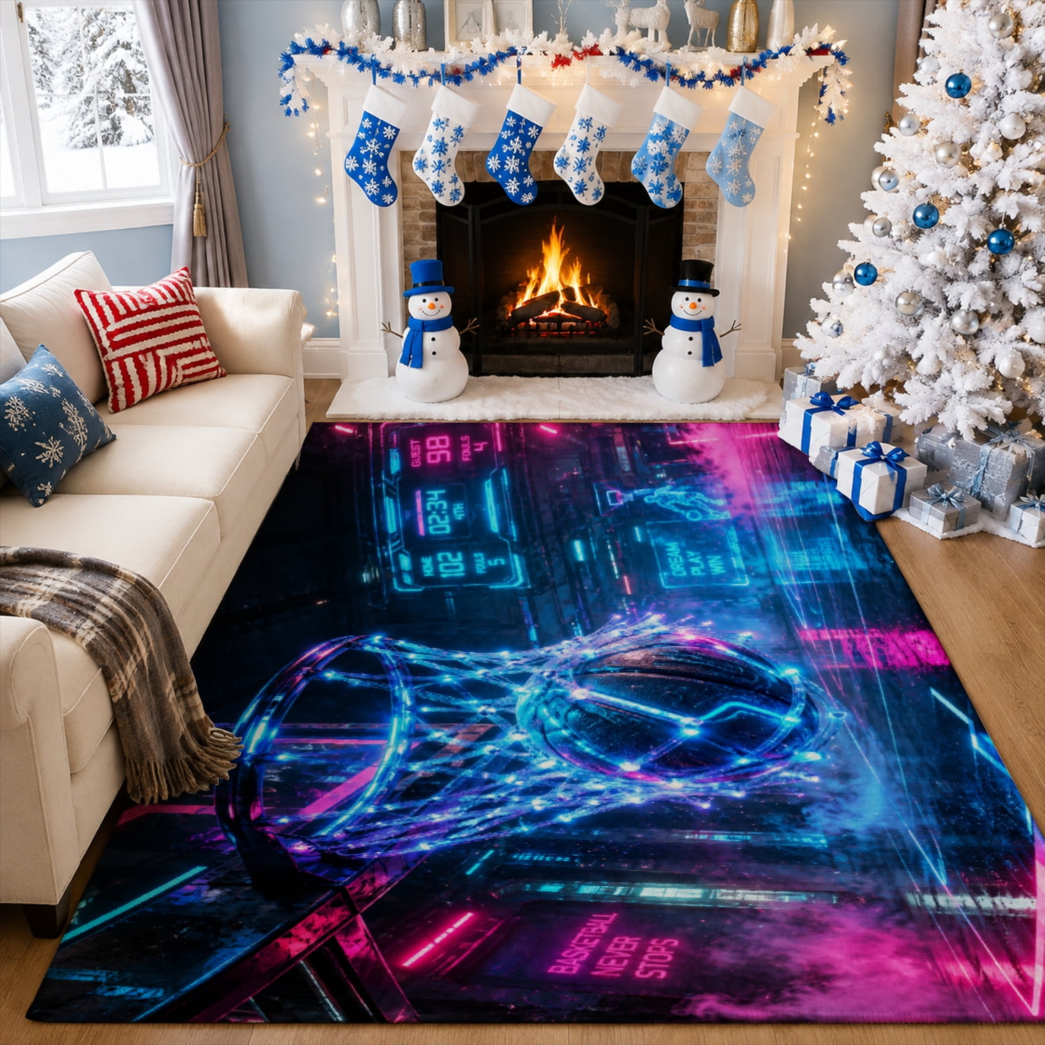 Gelasgo Velvet Area Rug, Neon Basketball Hoop and Digital Sports Design ...
