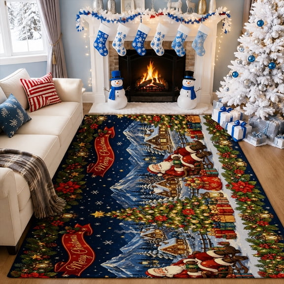 Gelasgo Velvet Area Rug, Santa Claus Christmas Village Snowy Mountain and Tree Pattern Decorative Carpet, Winter Holiday Accent Rug for Living Room