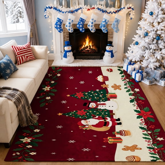 Gelasgo Velvet Area Rug, Santa Claus Snowman Christmas Tree and Snowflake Pattern Decorative Carpet, Festive Accent Rug for Bedroom Living Room