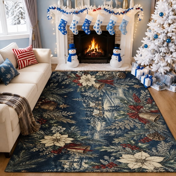 Gelasgo Velvet Rectangle Area Rug, Blue Vintage Winter Forest Poinsettia Floral Soft Holiday Floor Mat Carpet for Living Room Decor