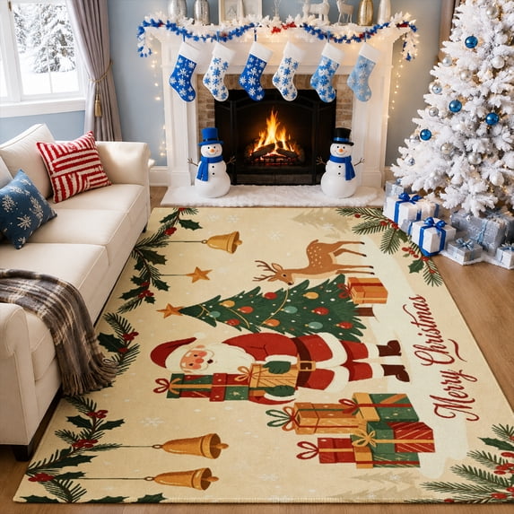 Gelasgo Velvet Rectangle Area Rug, Cream Merry Christmas Santa Reindeer Present Soft Winter Holiday Floor Mat Carpet for Living Room