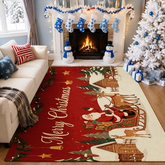 Gelasgo Velvet Rectangle Area Rug, Red Merry Christmas Santa Sleigh Village Pattern Soft Holiday Floor Mat Carpet for Living Room