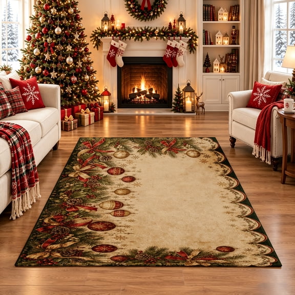 Gelasgo Vintage Christmas Border Area Rug Soft Velvet Rectangle Holiday Ornament Accent Carpet Floor Mat for Living Room