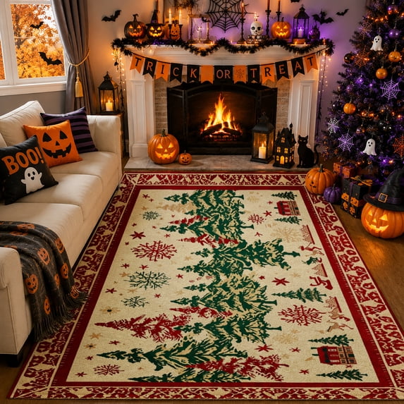 Gelasgo Vintage Christmas Tree Forest Velvet Area Rug, Soft Winter Holiday Decorative Accent Mat Carpet for Living Room Home Decor