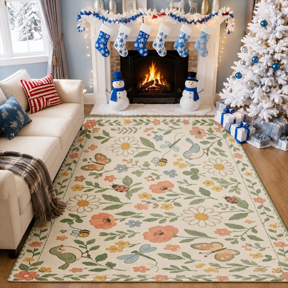 Gelasgo Vintage Floral Velvet Area Rug, Botanical Garden Decorative Carpet, Soft Indoor Floor Mat for Bedroom Living Room Dining Room Entryway Home Decor