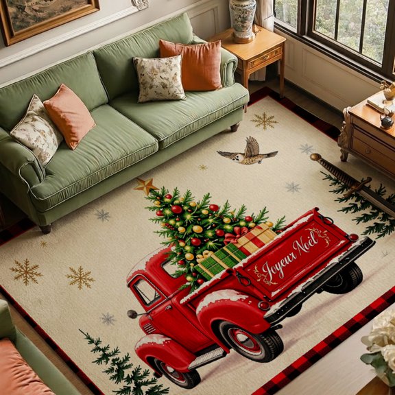 Gelasgo Vintage Red Truck Soft Velvet Area Rug, Christmas Tree Plaid Border Floor Mat Non-Slip Washable Rectangle Rug for Living Room Bedroom