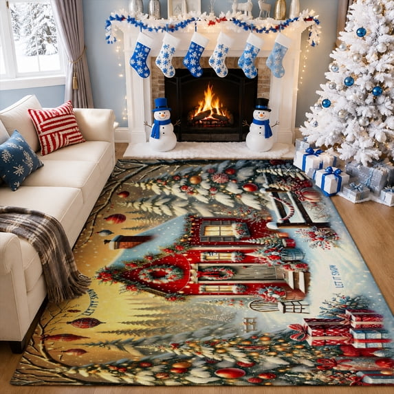 Gelasgo Winter Christmas Cabin Velvet Area Rug, Holiday Snow Scene Rectangle Floor Carpet, Soft Plush Non Slip Rug for Home Decor