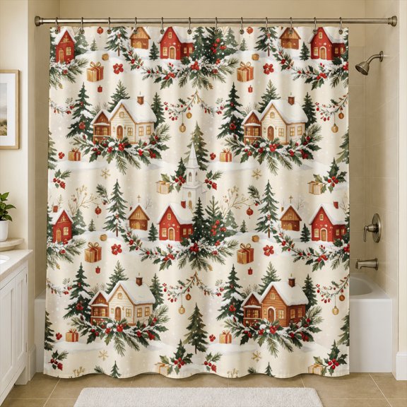 Gelasgo Winter Cottage Shower Curtain Seamless Snowy House Pine Trees Pattern Holiday Decor Waterproof Polyester Fabric Bath Curtain with Hooks