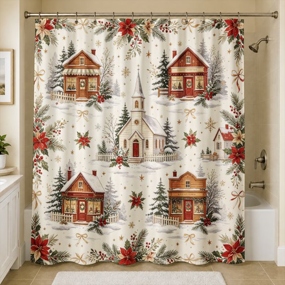 Gelasgo Winter House Shower Curtain Seamless Snowy Village Christmas Tree Pattern Decor Waterproof Polyester Fabric Bath Curtain with Hooks