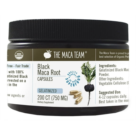 Gelatinized Black Maca Capsules - Organic Vegan Herbal Supplement - 750 mg - 200 Count