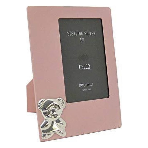 Gelco Italian 925 Sterling Silver & Pink Wood Teddy Bear Picture Frame (5X7)