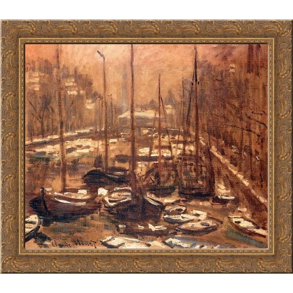 Geldersekade of Amsterdam Invierno 20x20 Gold Ornate Wood Framed Canvas Art by Monet, Claude