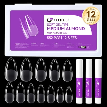 Gelike EC 552pcs Medium Almond Soft Gel Nail Tips with 3pcs Nail GluePress on Nails full Cover Fake Nails,12 Sizes