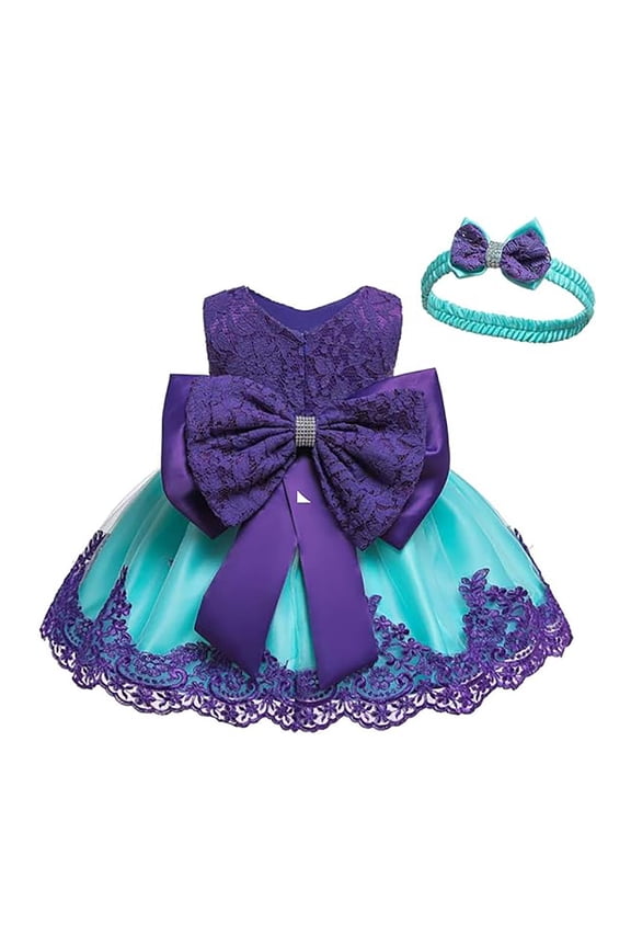0-6T Toddler Baby Girl Easter Dresses Flower Girl Dress Embroidered Tutu Evening Gown Lace Dresses with Headwear Purple, 12-18 Months