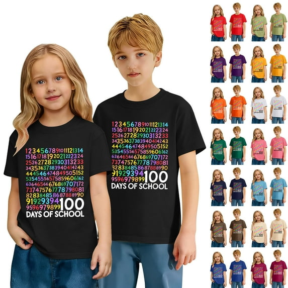 Gelikeya 100 Days of School Shirt Kids Short Sleeve Summer Tee Shirts Casual Number Printed Activewear Tops Boys Girls Clothes White, 6-7 Years