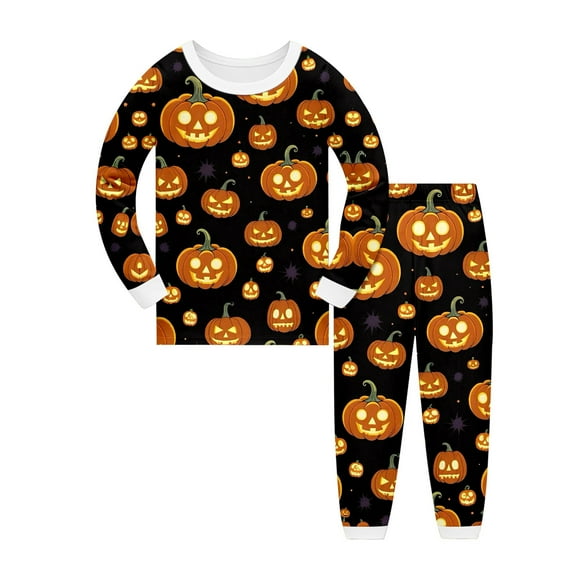 Gelikeya 2 Piece Halloween Pajamas Sets for Boys Size 10 Relaxed Fit, Satin Pajamas Crewneck Kids Clothing, Black, 5-6 Years