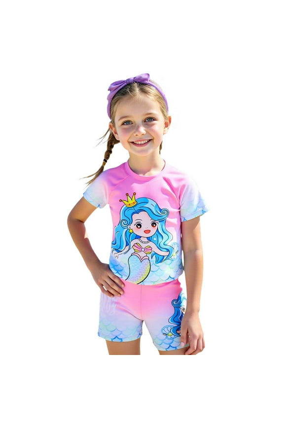 2 Piece Short Sleeve Swimsuits for Girls Size 6-7 Cartoon Character Swimming Pool Wear Summer Holiday Hawaiian Beachwear Clothes Bathing Suit (Child, Pink)