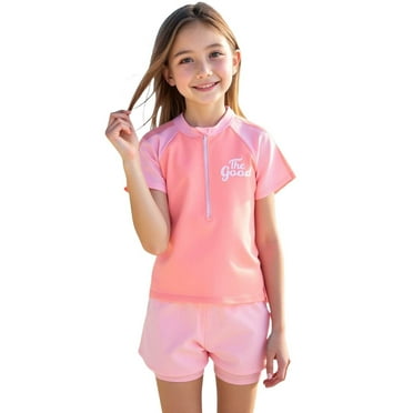 Gelikeya 2 Piece Swimsuits for Girls Size 7-8 Rash Guard Set Bathing Suits Short Sleeve Tops and Shorts Outfit Swimming Wear Beachwear (Child, Pink)