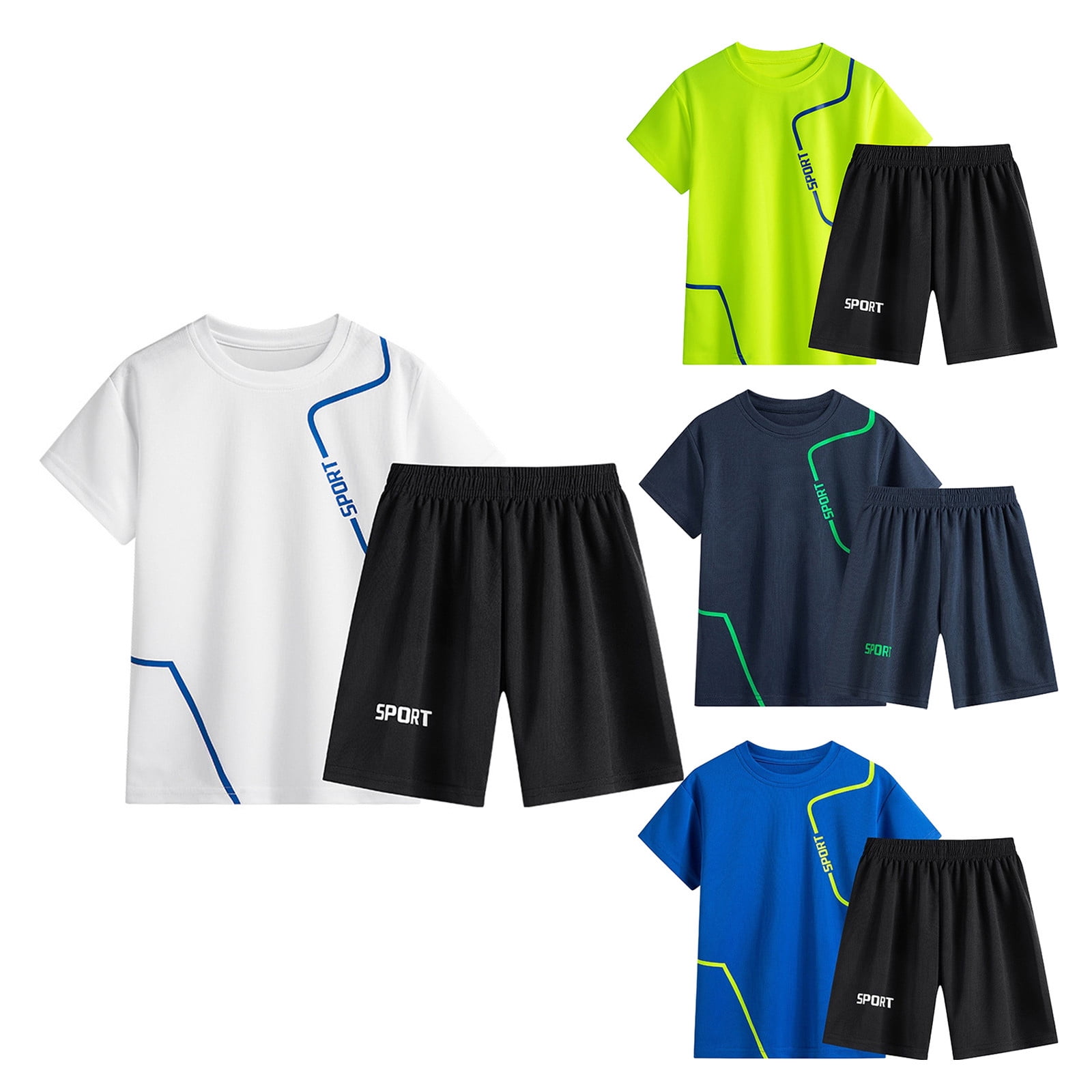 3-14Y Kids Boys Summer Clothes 2 Piece Outfit Sets Quick Drying Short Sleeve T Shirts with Shorts Sportswear Dark Blue, 13-14 Years