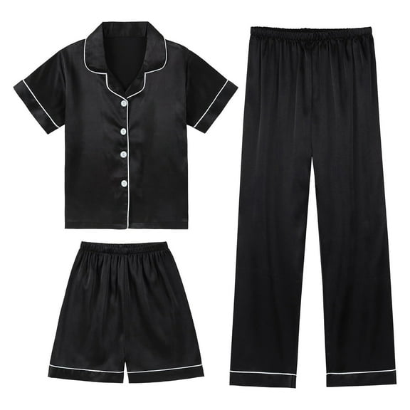 Gelikeya 3 Piece Girls Silk Pajamas Set Soft Satin PJs Sleepwear Comfortable Nightwear Little Girl Loungewear Outfits (Black, 3-4 Years)