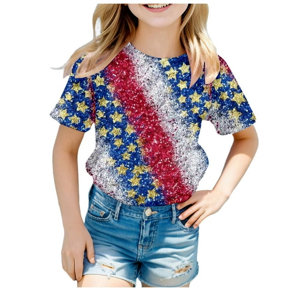 Gelikeya 4th of July Clothes for Girls Size 11-12 Independence Day Star Graphic Print Short Sleeve Shirt Soft and Comfortable Tee Tops Oversized Pullover Summer Wear Navy 2-12Y