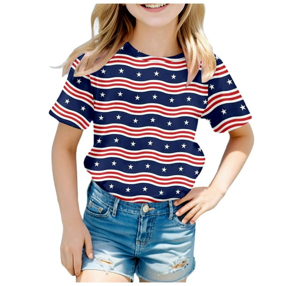 Gelikeya 4th of July Shirts for Kids Boys Girls Size 2-3 Independence Day Flag Short Sleeve Shirt Soft and Comfortable Tee Tops Oversized Pullover Children's Clothing Navy 2-12Y