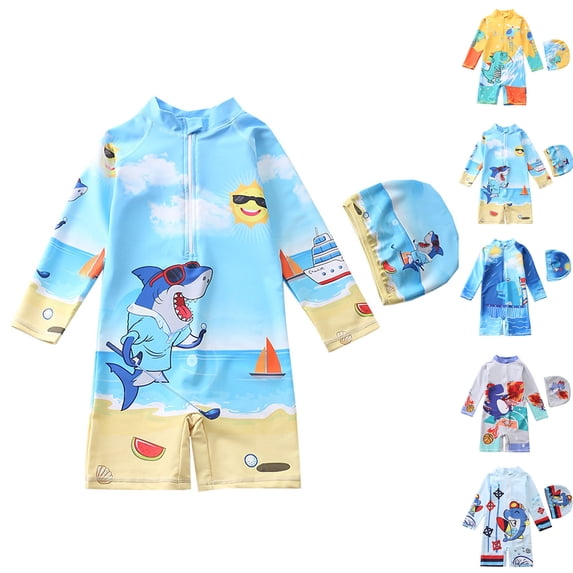Gelikeya Baby Boy Swimsuit One Piece Long Sleeve Zipper Bathing Suit UPF 50+ Sun Protection Rashguard Swimwear with Hat Sky Blue 1-2 Years
