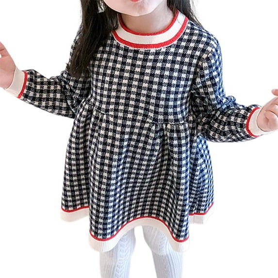 Gelikeya Baby Easter Dresses 12 Months Korean Style Girl's Knitted Plaid Long Sleeve Dress Cute and Comfortable Apparel(Toddlers, Navy, 2-3 Years)
