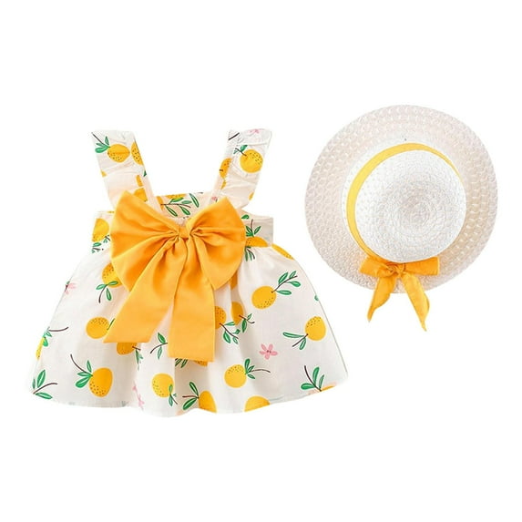 Gelikeya Baby Easter Dresses with Hats Pink Bowknot Design Girls Floral Summer Dress Skirt Sleeveless Coat Hat 2 PC(Toddlers, Z05-Yellow, 6-12 Months)