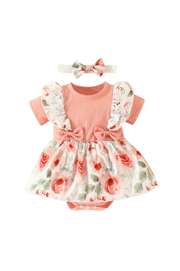 Baby Easter Dresses Zero to Six Mos Pink Bowknot Design Girls Floral Summer Dress Skirt Sleeveless Coat Headband 2 PC(Toddlers, Z03-Watermelon Red, 9-12 Months)