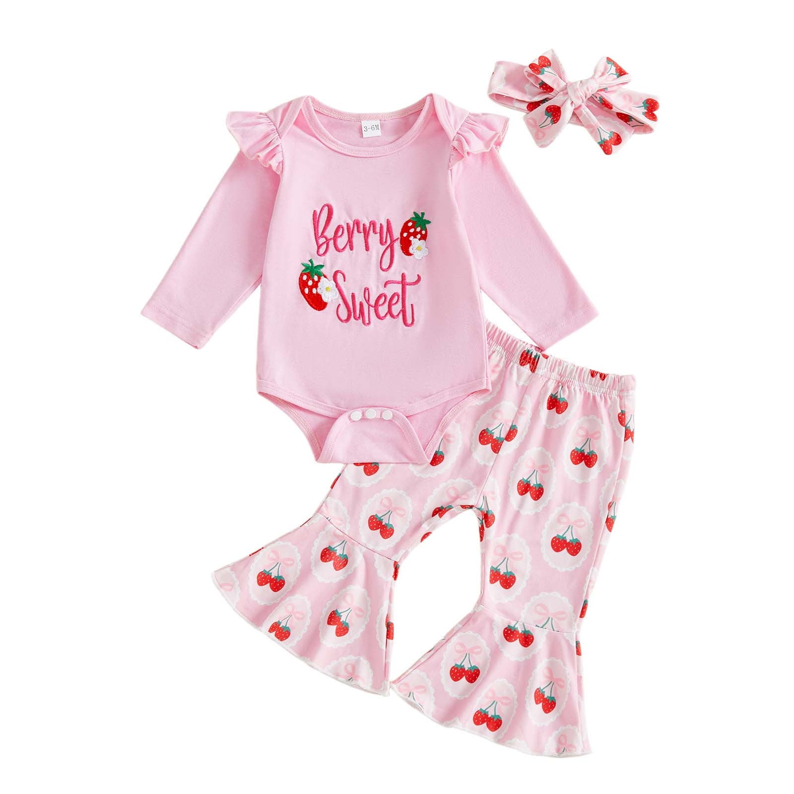 Gelikeya Baby Girl First Birthday Outfit Long Sleeve Berry Romper Strawberry Flare Pants Bow Cake Headband 3pcs Valentines Spring Fall Clothes, Pink & 6-12 Months