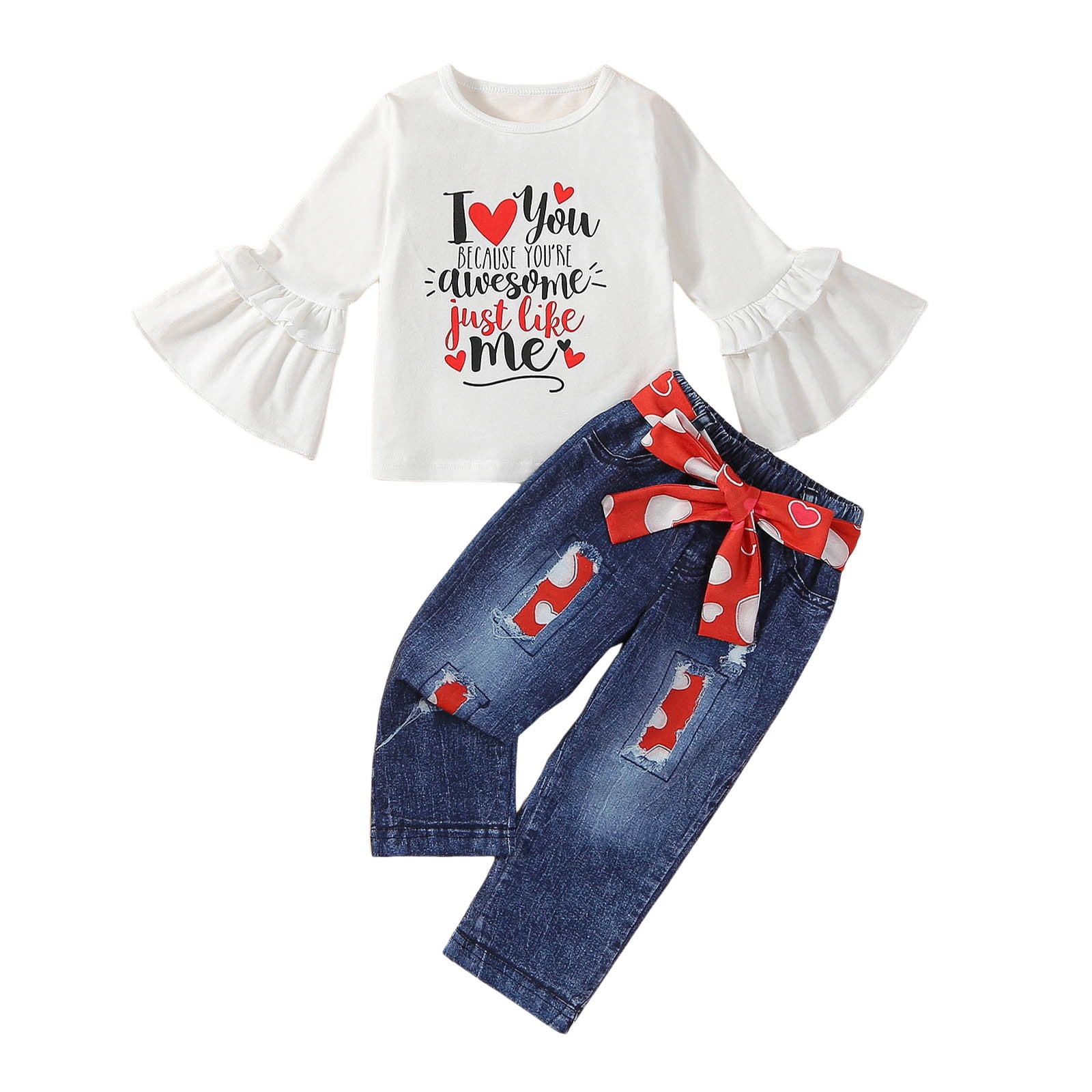 Gelikeya Baby Girl First Valentines Day Outfit Flare Sleeve Tops Pants Belt 3 Piece Cute Hearts Birthday Spring Fall Clothes, X01 White & 12-18 Months