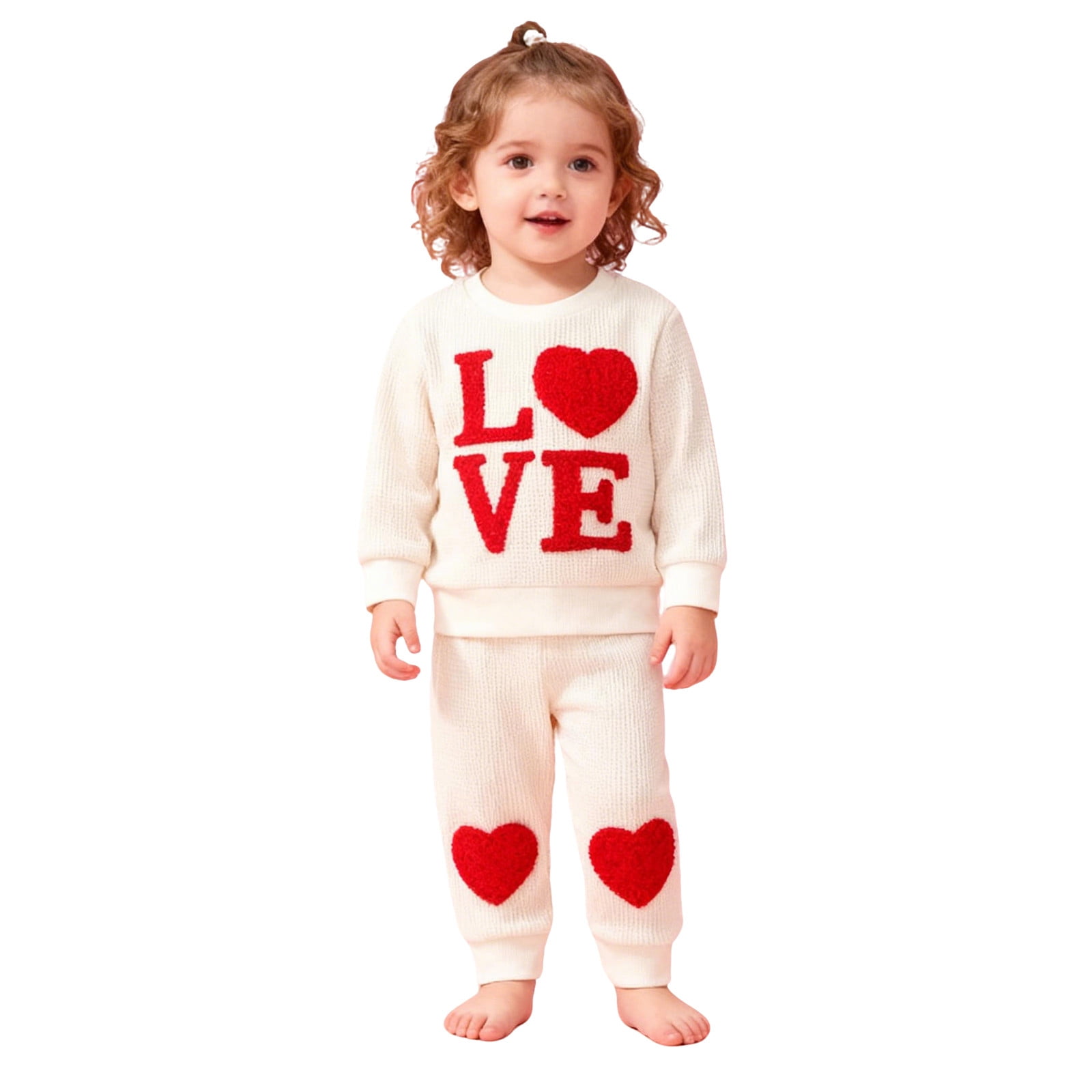 Gelikeya Baby Girl First Valentines Day Outfit Long Sleeve Tops Pants 2 Piece Cute Hearts Birthday Spring Fall Clothes, X02 Beige & 3-4 Years