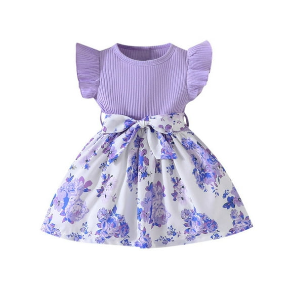 Gelikeya Baby Girls Easter Dresses 18-24 Months Floral Print Flutter Sleeve Dress Bowknot Design Little Princess Dresses(Toddlers, Z04-Purple, 6-9 Months)