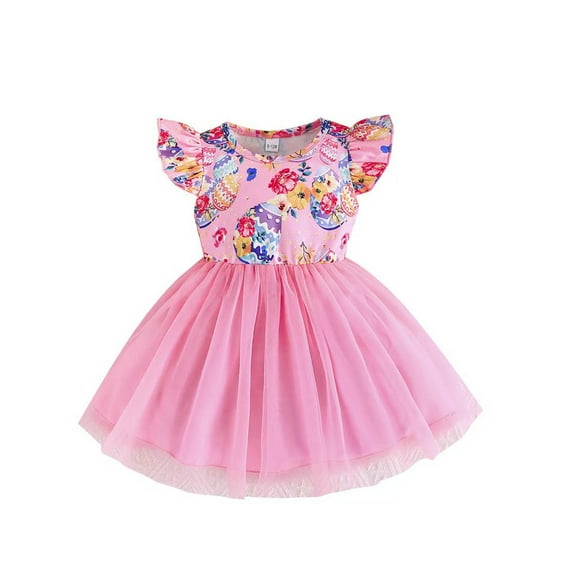 Gelikeya Baby Girls Easter Dresses 18-24 Months Summer Easter Eggs Print Bowknot Design Flutter Sleeve Small Princess Style Casual Spring Dress(Toddlers, Z07-Red, 18-24 Months)