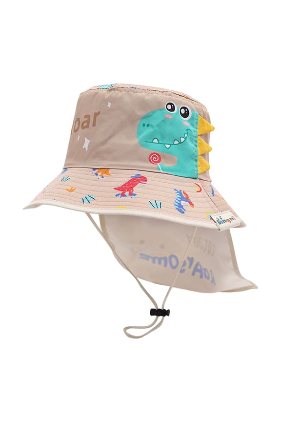 Baby Sun Hat for Boy Girl Toddler Kids Summer UPF 50+ Protective Hat Dinosaur Print Wide Brim Beach Bucket Cap (Khaki, 2-8 Yearss)