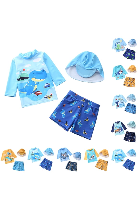 Baby Toddler Boys 3 Piece Swimsuit Sets Cartoon Dinosaur Bathing Suit Rash Guards Sunsuit Swimwear with Sun Hat UPF 50+ Light Blue 2-3 Years