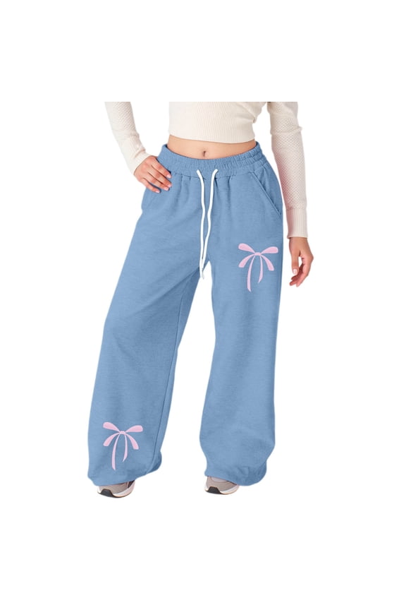 Baggy Bowknot Sweatpants for Girls Drawstring Elastic Waist Wide Leg Pants Cute Casual Preppy School Outfit Valentines Day Gifts, Light Blue & 8-9 Years