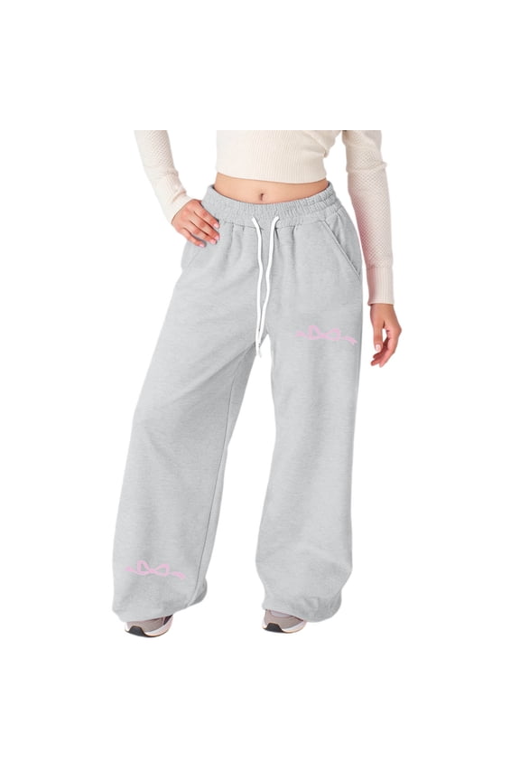 Baggy Bowknot Sweatpants for Girls Elastic Waist Athletic Jogger Sweat Pants Wide Leg Y2k Sweat Pants Teen Girl's Fashion, Grey & 12-13 Years