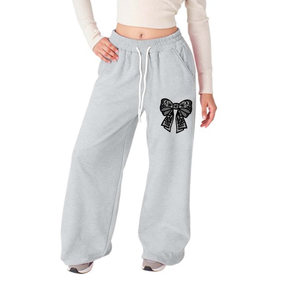 Gelikeya Baggy Sweatpants for Girls Wide Leg Y2k Bow Sweatpants Cute Casual Preppy School Outfit Valentines Day Gifts, Grey & 12-13 Years