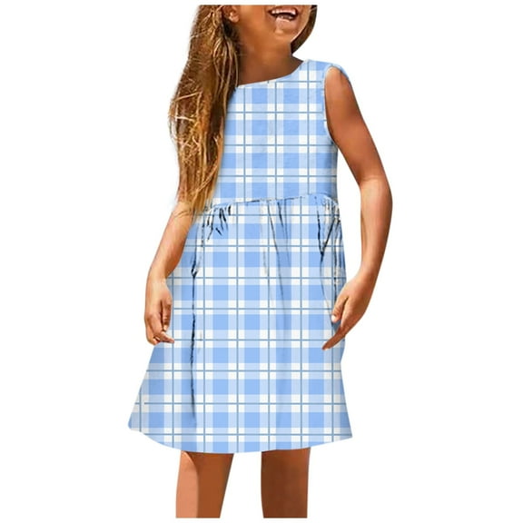 Gelikeya Big Girls Summer Dresses Fashion Cute Design Plaid Printed Casual Sleeveless Sun Dress Soft and Comfortable for Kids, Size 9-10 , Blue