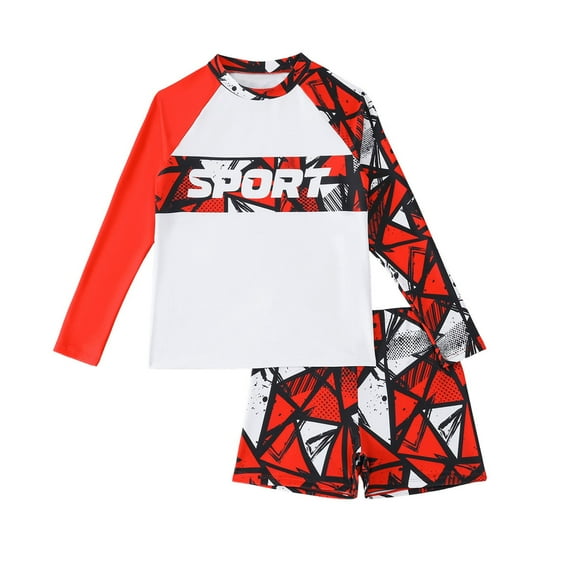 Gelikeya Boy Swim Set Size 8-9 Swim Trunks with Compression Liner Short/long Sleeve Kids' Swimwear (Child, D12 Red, 8-9 Years)