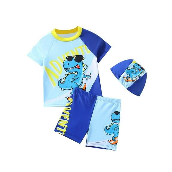 Gelikeya Boy Swimsuit Size 4-5 Swim Trunks with Compression Liner Short Sleeve Boys Swim Suits (Toddlers, Z18 Blue, 4-5 Years)