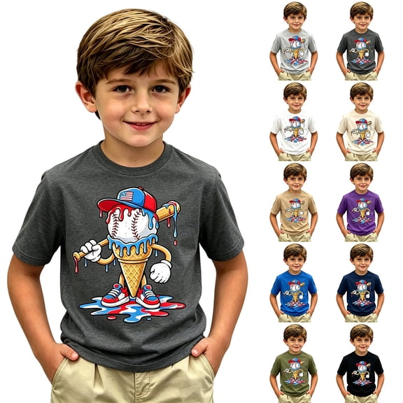 Gelikeya Boys Baseball Ice Cream Cartoon T-Shirt, Kids Short Sleeve Crew Neck Tee, Patriotic Sport Top 2-13Y (White, 2-3 Years)