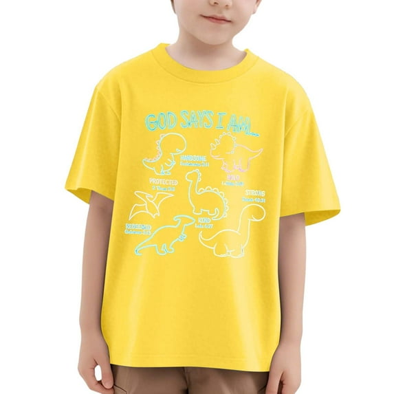 Gelikeya Boys Dinosaur Print Short Sleeve T-Shirt 18-24 Months Casual Crewneck Graphic Tee Soft Cotton Summer Top for Active Boys Comfortable and Trendy Design (Baby, Yellow)