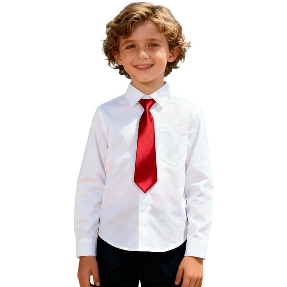 Gelikeya Boys Dress Shirts Long Sleeve Little Boy Button Down Shirt -Free for Formal & Casual Kids Back to School Clothes with Tie Red 11-12 Years